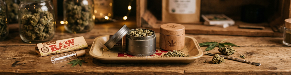 Accessoires grinder et CBD en boutique professionnelle : plateau RAW, feuilles à rouler et grinders premium