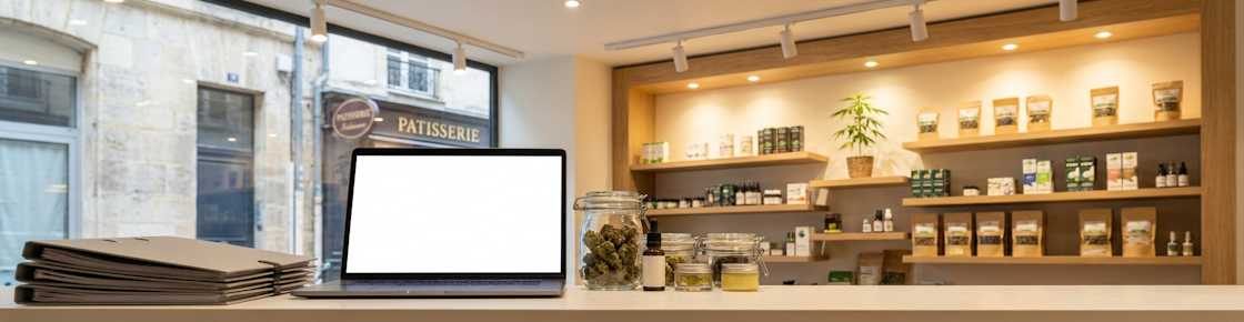 Commerce CBD professionnel en France : intérieur de boutique avec produits cannabidiol